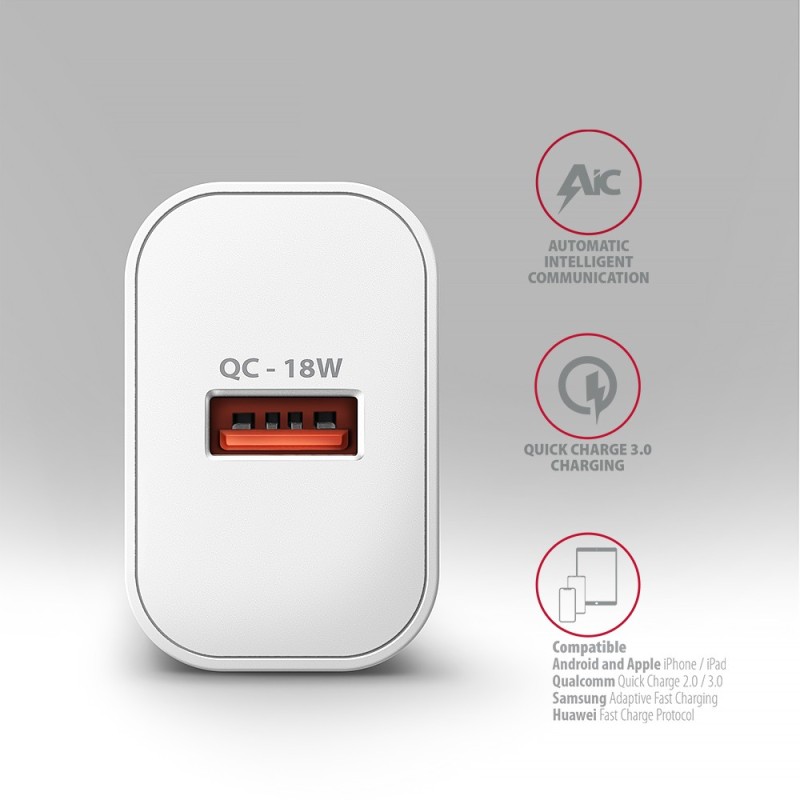 ACU-QC18W Ładowarka sieciowa QC 18W, 1x port USB-A, QC3.0/AF… | PartsPC.pl