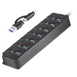 HUB USB3.2 Gen1, 7x USB-A, 7xON/OFF, czarny | PartsPC.pl