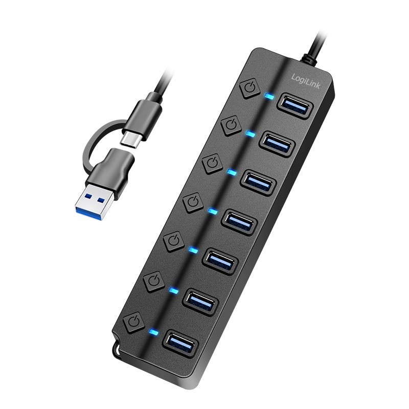 HUB USB3.2 Gen1, 7x USB-A, 7xON/OFF, czarny | PartsPC.pl