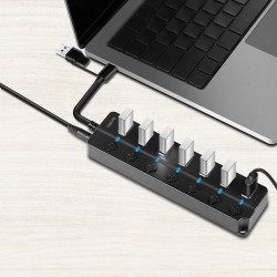 HUB USB3.2 Gen1, 7x USB-A, 7xON/OFF, czarny | PartsPC.pl