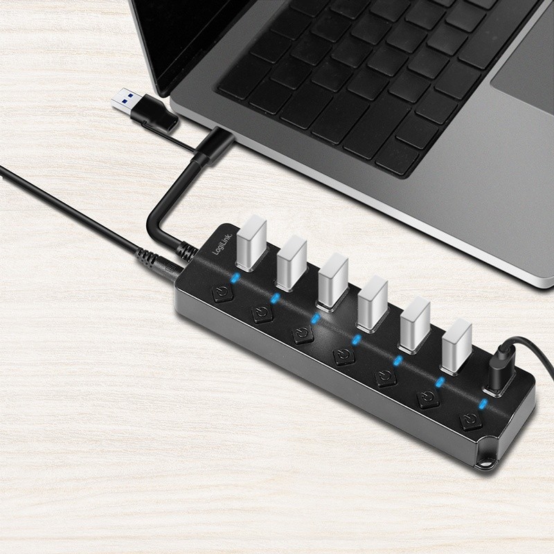 HUB USB3.2 Gen1, 7x USB-A, 7xON/OFF, czarny | PartsPC.pl