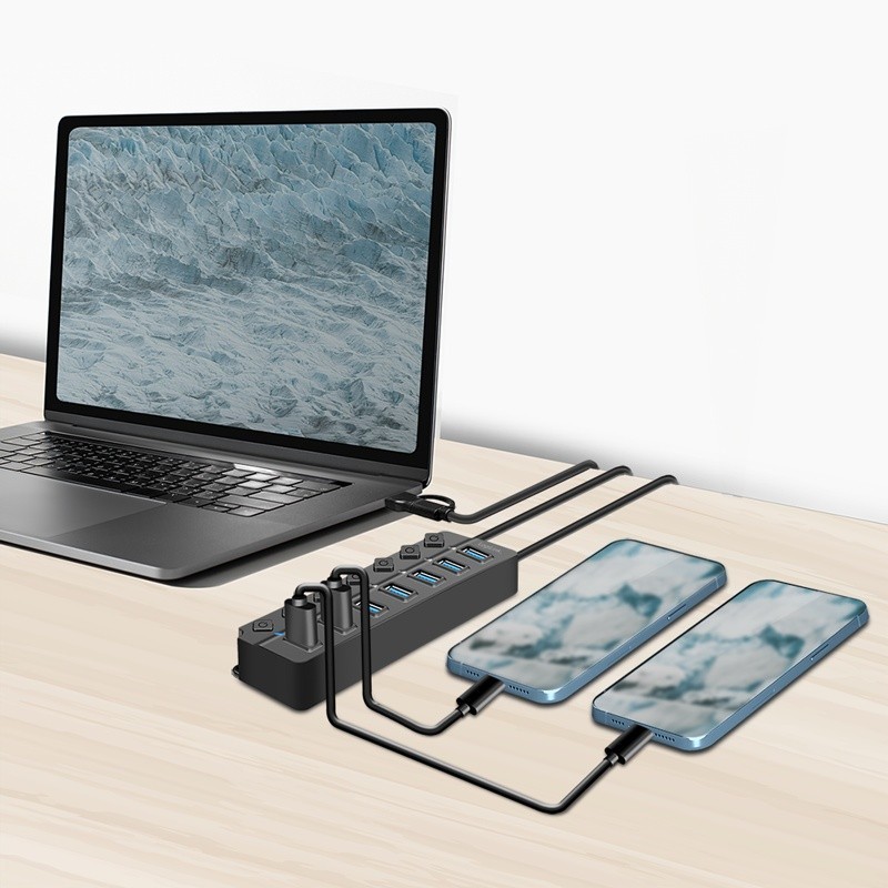 HUB USB3.2 Gen1, 7x USB-A, 7xON/OFF, czarny | PartsPC.pl