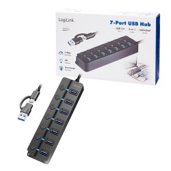HUB USB3.2 Gen1, 7x USB-A, 7xON/OFF, czarny | PartsPC.pl