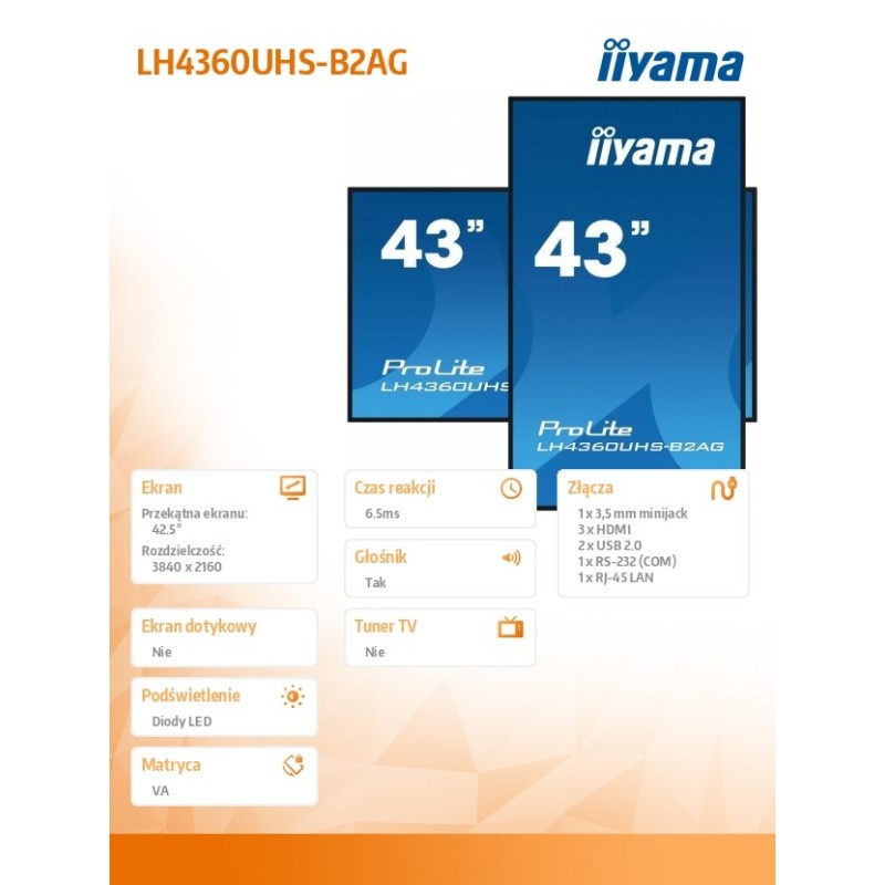 Monitor 43 LH4360UHS-B2A 24/7, 500cd, 4K, VA, Wifi, 6.5ms, 3… | PartsPC.pl