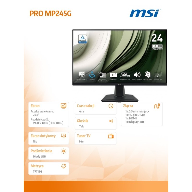 Monitor 23.8 cala PRO MP245G LED/FHD/Flat/100Hz/czarny | PartsPC.pl