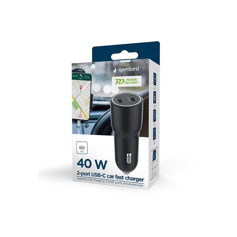 Ładowarka samochodowa 2xUSB-C PD 40W czarna | PartsPC.pl