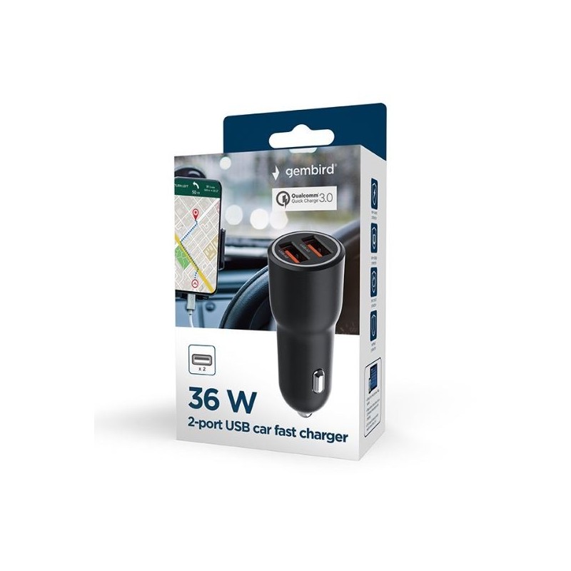 Ładowarka samochodowa 2xUSB-A QC3.0 36W czarna | PartsPC.pl