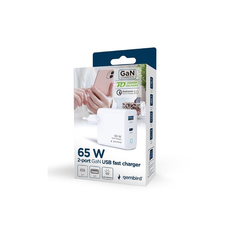 Ładowarka USB-A/C GaN LED 65W PD QC3.0 biała | PartsPC.pl