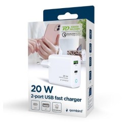 Ładowarka USB-A USB-C LED 20W PD QC3.0 biała | PartsPC.pl