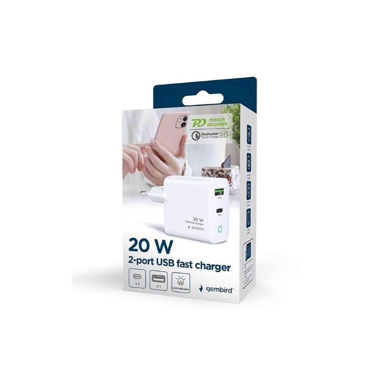 Ładowarka USB-A USB-C LED 20W PD QC3.0 biała | PartsPC.pl