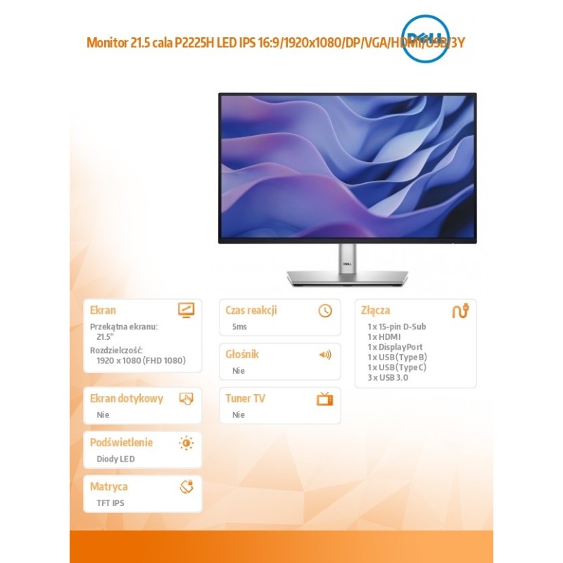 Monitor 21.5 cala P2225H LED IPS 16:9/1920x1080/DP/VGA/HDMI/… | PartsPC.pl