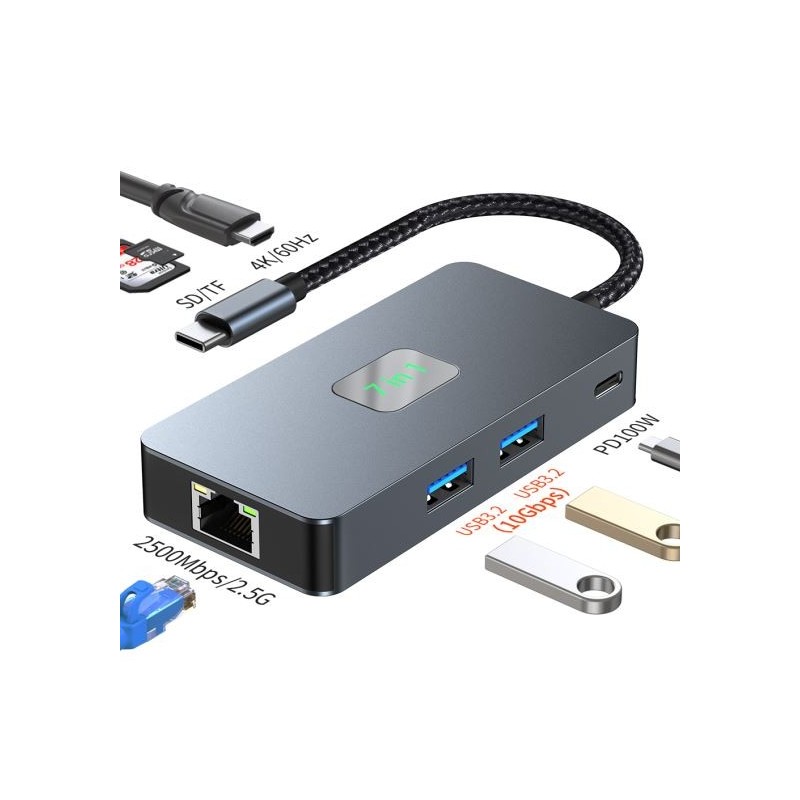 Adapter HUB USB C (7w1) HDMI USB SD/TF RJ45 (2500 Mbps) PD | PartsPC.pl