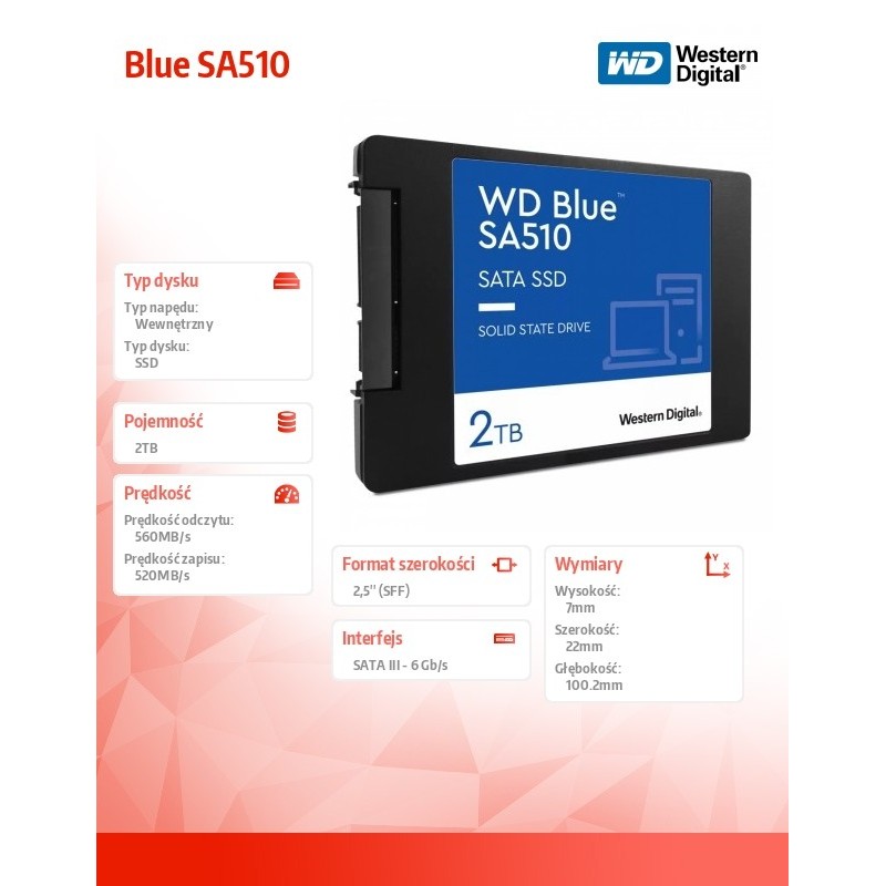 Dysk SSD WD Blue SA510 2TB 2,5 cala | PartsPC.pl