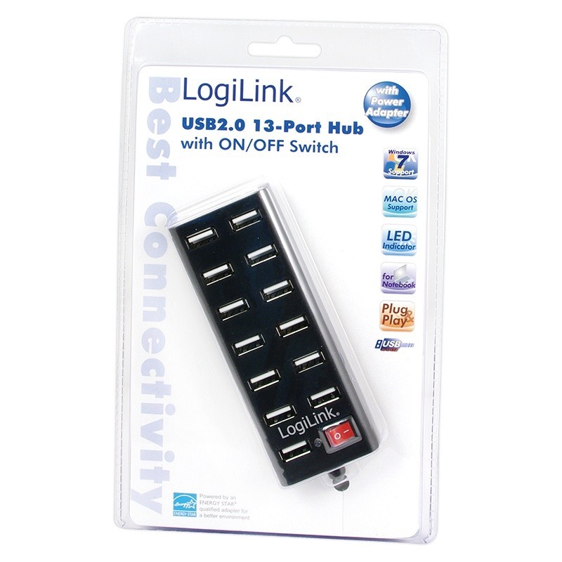 Hub USB2.0 13-portów z wyłącznikiem Czarny | PartsPC.pl