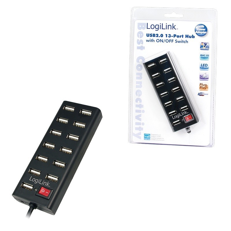 Hub USB2.0 13-portów z wyłącznikiem Czarny | PartsPC.pl