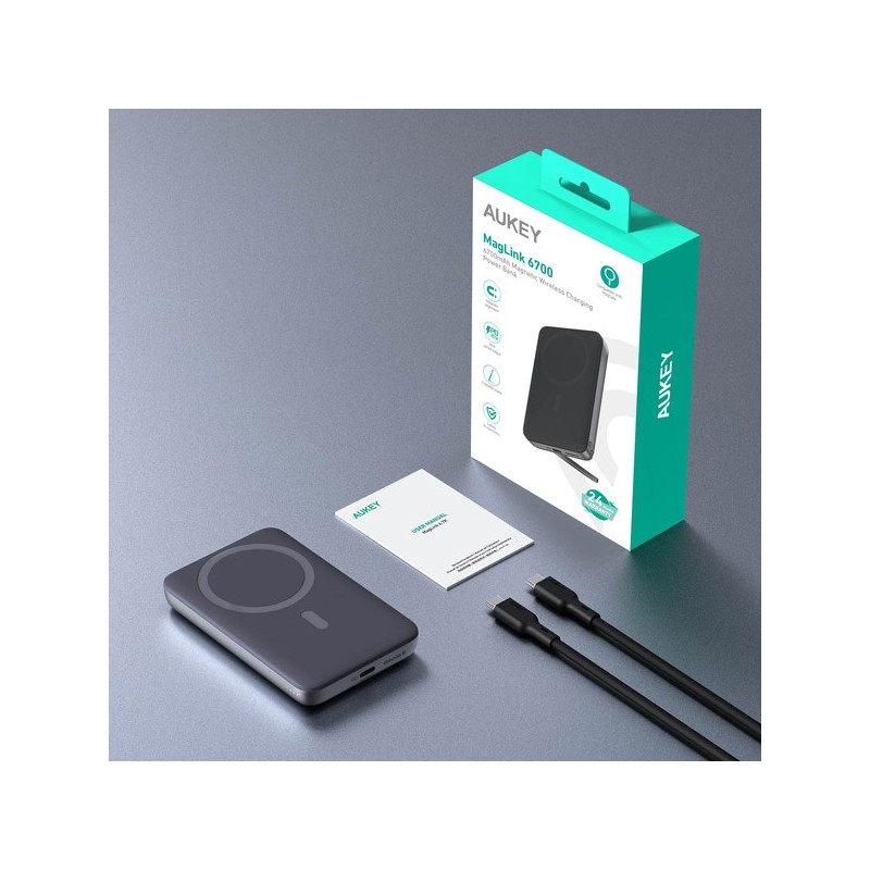 Powerbank magnetyczny Aukey PB-MS01 6700 mAh, 15/20W, stojący, szary