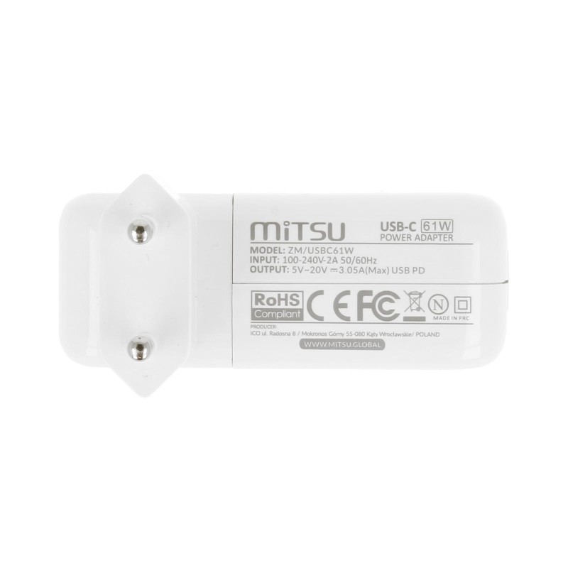 Zasilacz sieciowy Mitsu 61W USB-C, USBC, 5-20.3V, 3A (white)… | PartsPC.pl