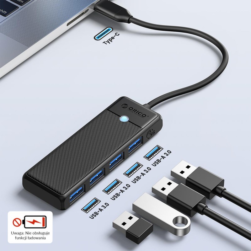 HUB USB-C Orico PAPW4A-C3-015-BK-EP 4 x USB-A 3.0 5Gbps, cza… | PartsPC.pl