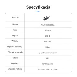 HUB USB-C Orico PAPW4A-C3-015-BK-EP 4 x USB-A 3.0 5Gbps, cza… | PartsPC.pl