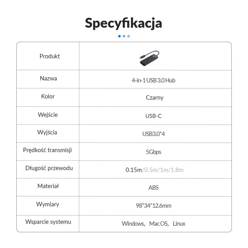 HUB USB-C Orico PAPW4A-C3-015-BK-EP 4 x USB-A 3.0 5Gbps, cza… | PartsPC.pl