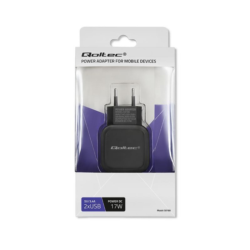 Qoltec Ładowarka sieciowa 17W | 5V | 3.4A | 2xUSB | PartsPC.pl