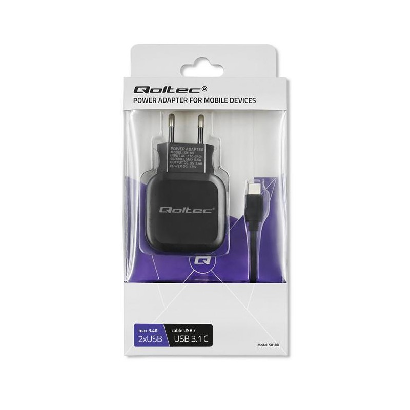 Ładowarka sieciowa Qoltec 17W 5V 3,4A 2xUSB + kabel USB type… | PartsPC.pl