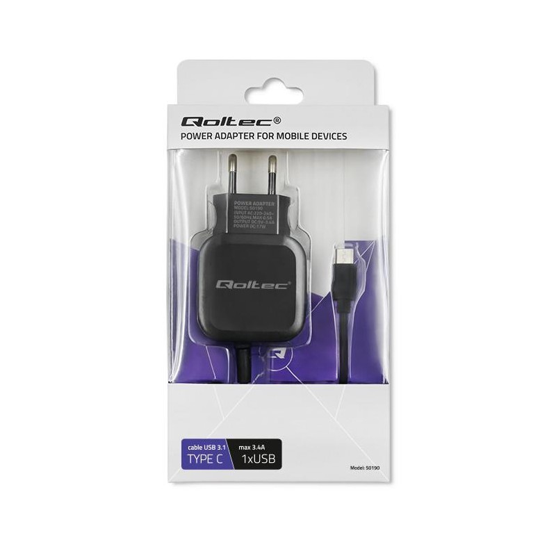 Ładowarka sieciowa Qoltec 17W 5V 3,4A USB+USB type-C