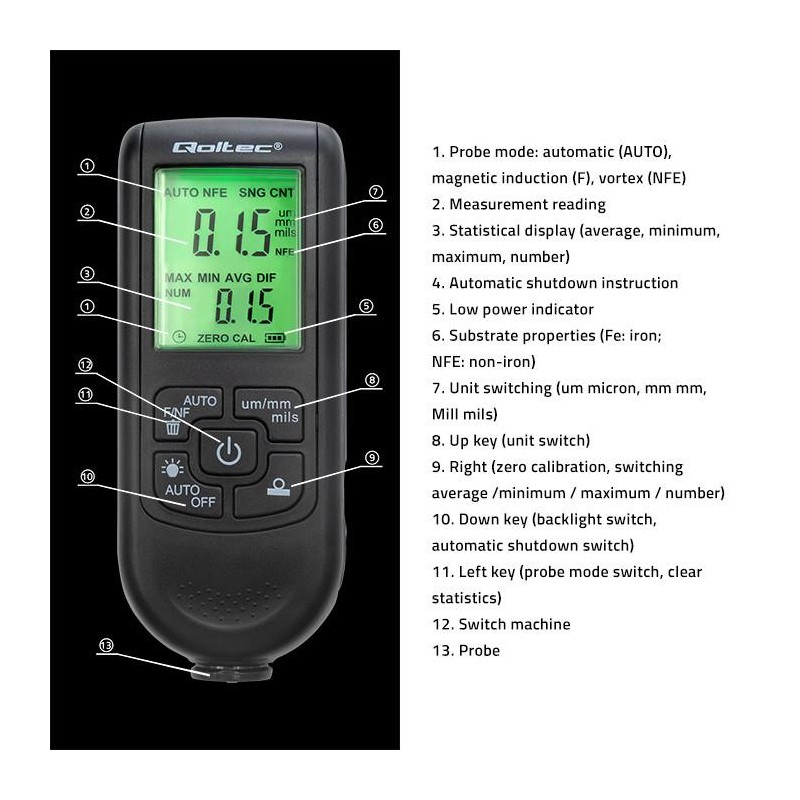 Miernik grubości lakieru Qoltec z wyświetlaczem LCD | 0 ~ 2000um