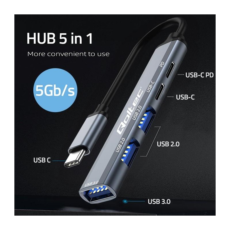 Hub Qoltec adapter USB-C 3.1 5w1 | USB-C PD | USB-C | 2x USB… | PartsPC.pl