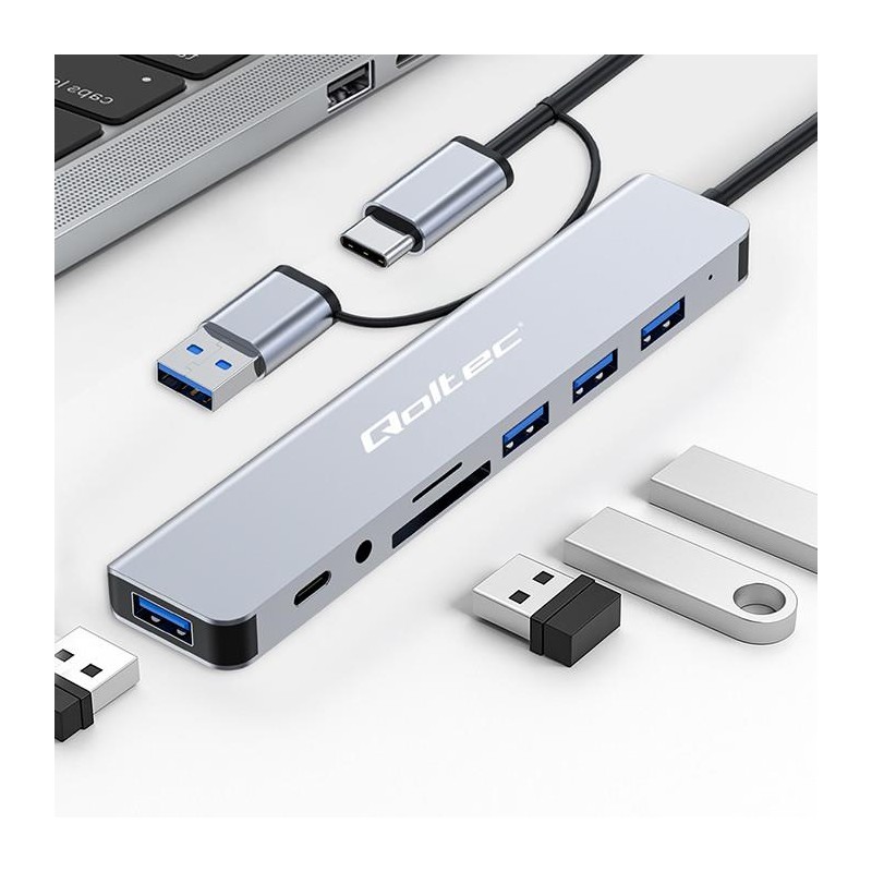 Hub Qoltec 8w1 USB-C/USB | USB-C | 4xUSB | SD/TF card | Jack… | PartsPC.pl