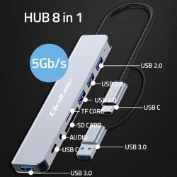 Hub Qoltec 8w1 USB-C/USB | USB-C | 4xUSB | SD/TF card | Jack… | PartsPC.pl