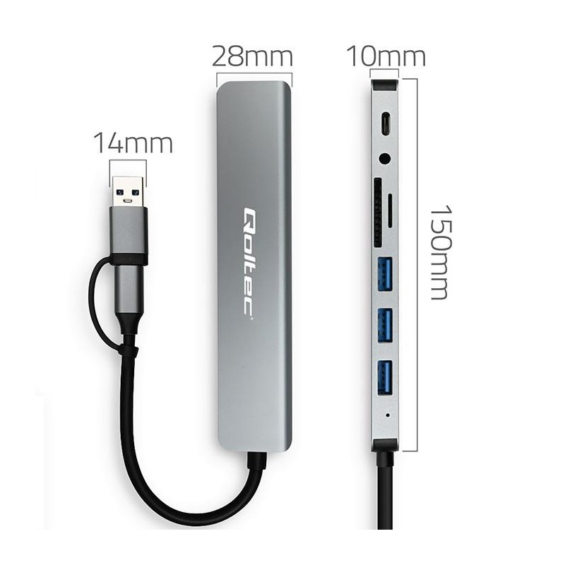 Hub Qoltec 8w1 USB-C/USB | USB-C | 4xUSB | SD/TF card | Jack… | PartsPC.pl