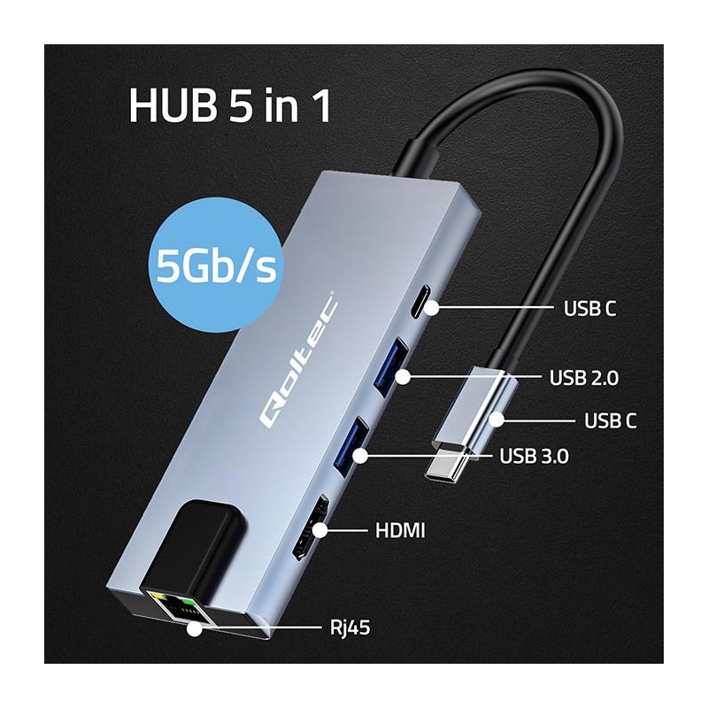 Hub Qoltec USB-C 5w1 | USB-C PD 100W | 2xUSB | HDMI 4K | RJ4… | PartsPC.pl