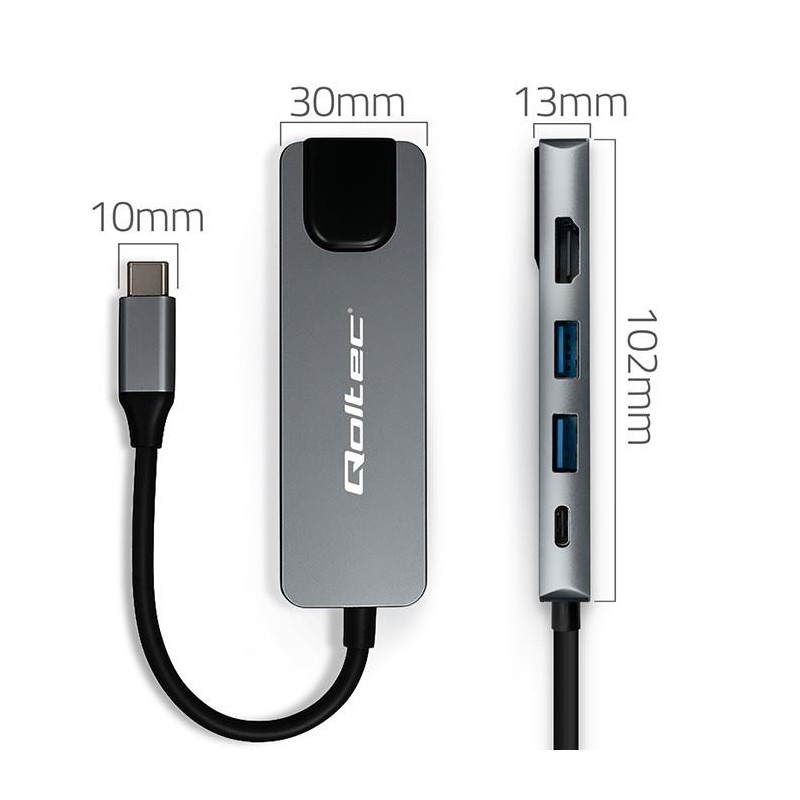 Hub Qoltec USB-C 5w1 | USB-C PD 100W | 2xUSB | HDMI 4K | RJ4… | PartsPC.pl