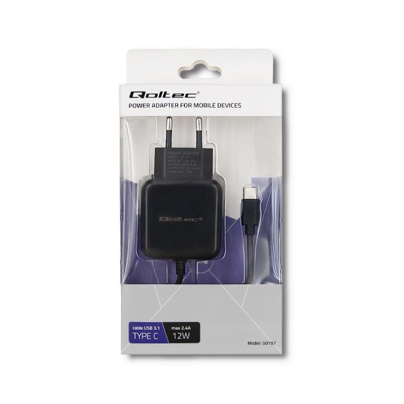 Ładowarka sieciowa Qoltec 12W | 5V | 2,4A | USB typ C | Czarna