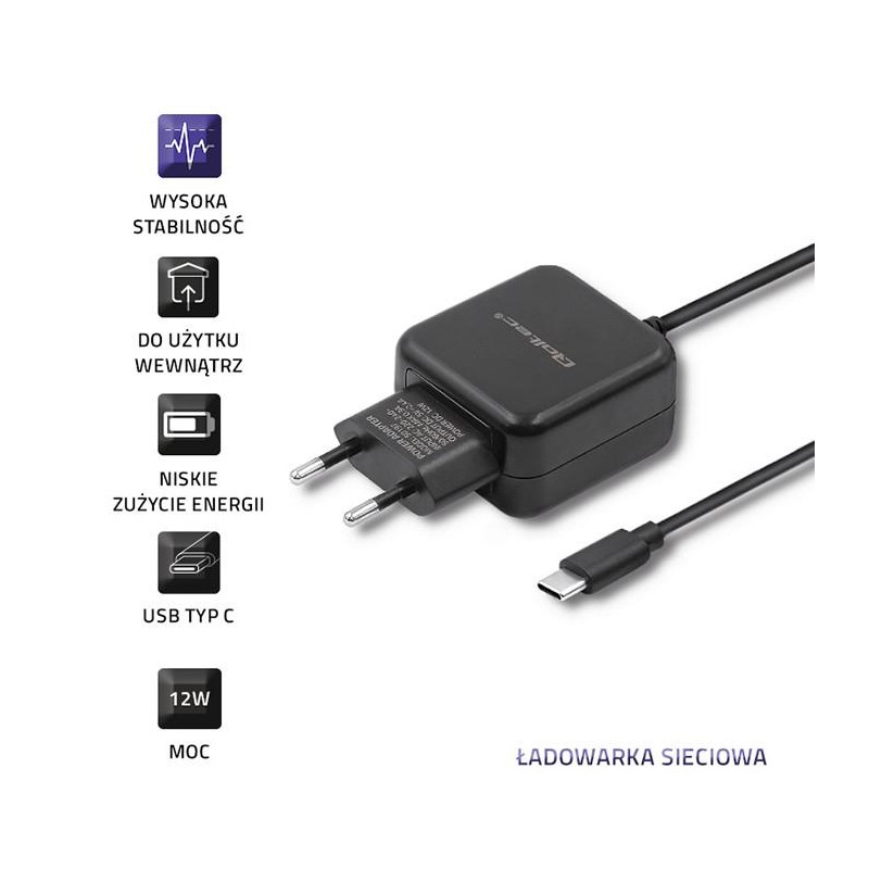 Ładowarka sieciowa Qoltec 12W | 5V | 2,4A | USB typ C | Czarna