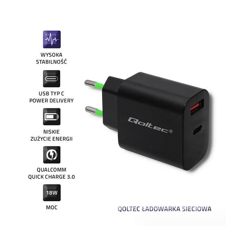 Ładowarka sieciowa Qoltec 18W | 5-12V | 1.5-3A | USB typ C P… | PartsPC.pl