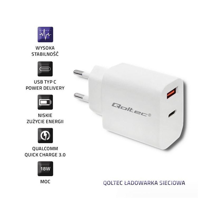 Ładowarka sieciowa Qoltec 18W | 5-12V | 1.5-3A | USB typ C P… | PartsPC.pl