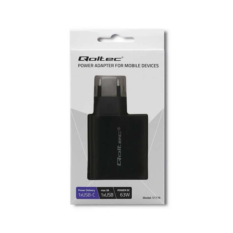 Ładowarka sieciowa Qoltec 63W | 5-20V | 1.5-3A | USB typ... | PartsPC.pl