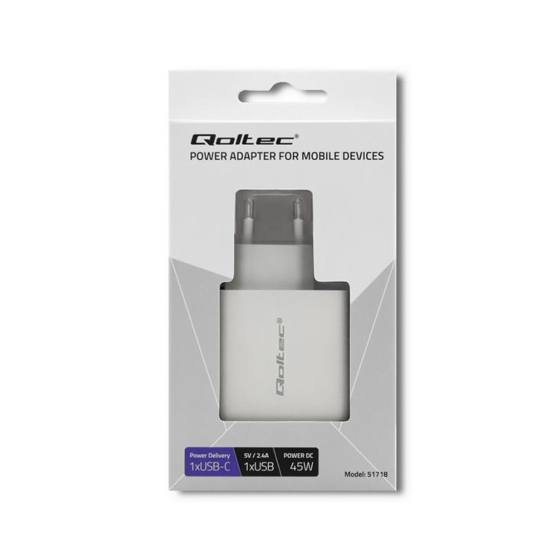 Ładowarka sieciowa Qoltec 45W | 5-20V | 2.4-3A | USB typ... | PartsPC.pl