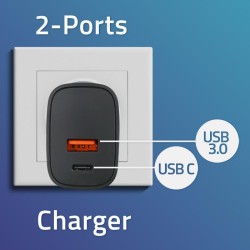 Ładowarka sieciowa Qoltec GaN POWER PRO | 1xUSB-C | 1xUSB | 30W | 5-20V |