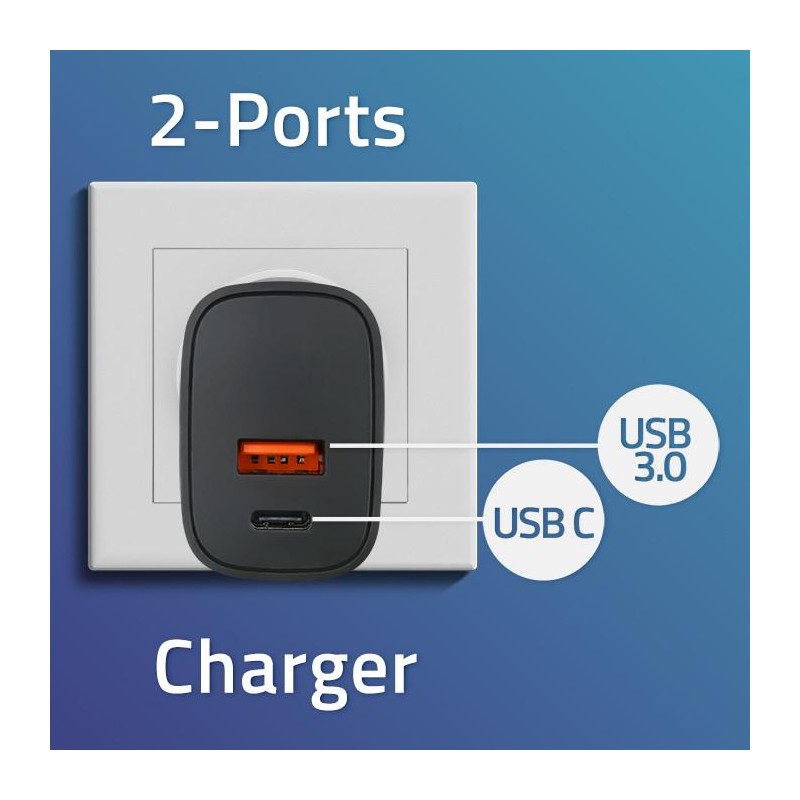 Ładowarka sieciowa Qoltec GaN POWER PRO | 1xUSB-C | 1xUSB | 30W | 5-20V |