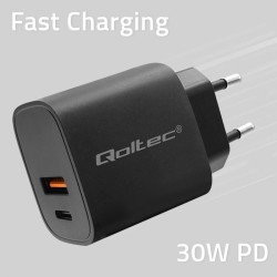 Ładowarka sieciowa Qoltec GaN POWER PRO | 1xUSB-C | 1xUSB | 30W | 5-20V |