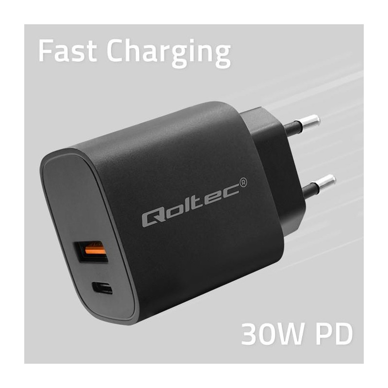 Ładowarka sieciowa Qoltec GaN POWER PRO | 1xUSB-C | 1xUSB | 30W | 5-20V |