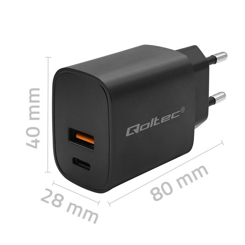 Ładowarka sieciowa Qoltec GaN POWER PRO | 1xUSB-C | 1xUSB | 30W | 5-20V |