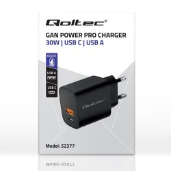 Ładowarka sieciowa Qoltec GaN POWER PRO | 1xUSB-C | 1xUSB | 30W | 5-20V |