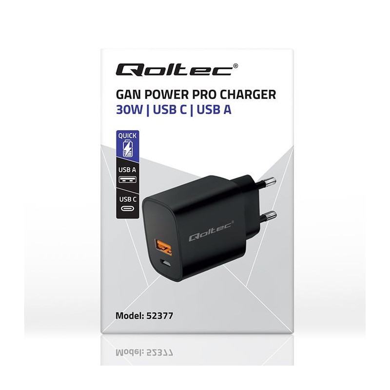 Ładowarka sieciowa Qoltec GaN POWER PRO | 1xUSB-C | 1xUSB | 30W | 5-20V |