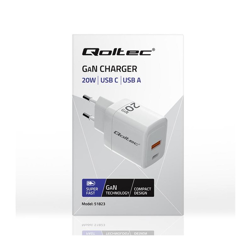 Ładowarka sieciowa Qoltec 20W GaN | 5-20V | 1.5-3A | 1xUSB-C… | PartsPC.pl