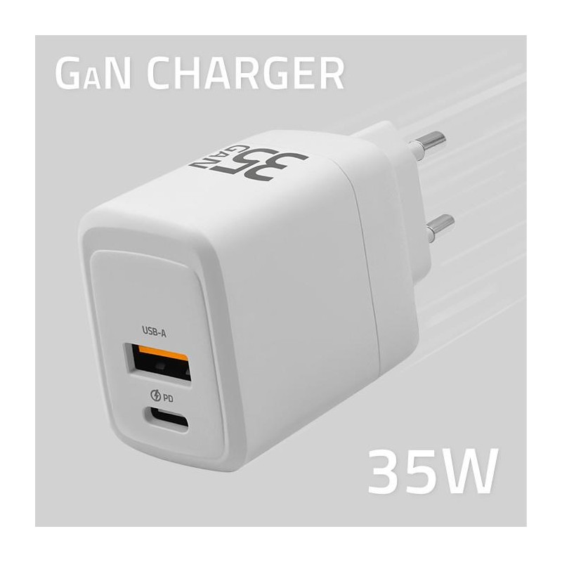 Ładowarka sieciowa Qoltec 35W GaN | 5-20V | 1.5-3A | 1xUSB-C PD | 1xUSB QC