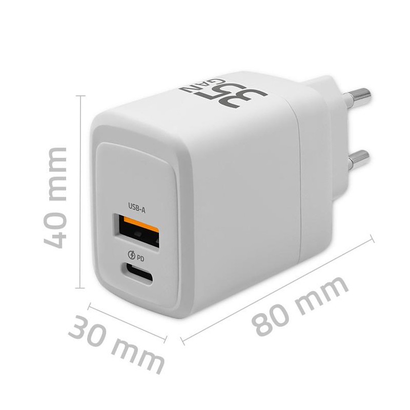 Ładowarka sieciowa Qoltec 35W GaN | 5-20V | 1.5-3A | 1xUSB-C PD | 1xUSB QC